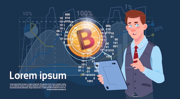 Man hold digital tablet golden bitcoin moderne valuta crypto web grafieken en grafieken achtergrond