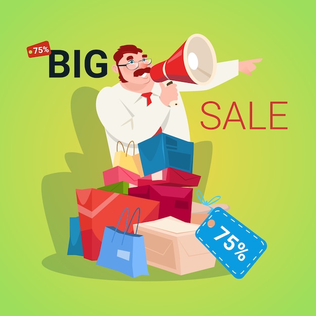 Man hold megaphone black friday big sale holiday shopping