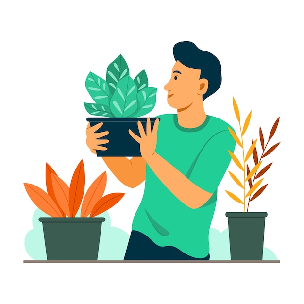 Man Hold a Pot of Plant in the Garden