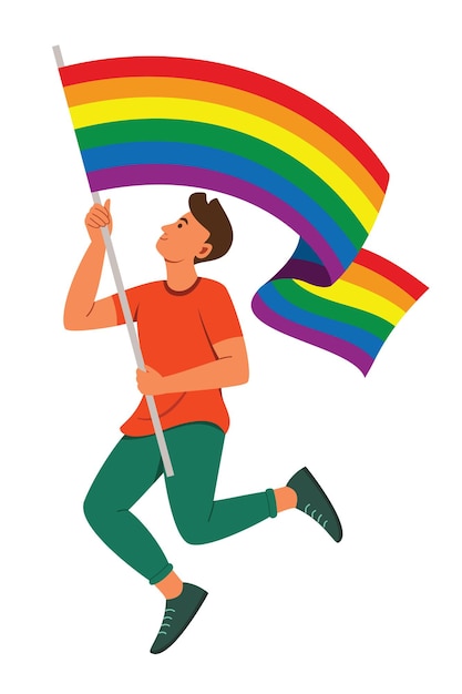 L'uomo tiene una bandiera arcobaleno per il movimento lgbt