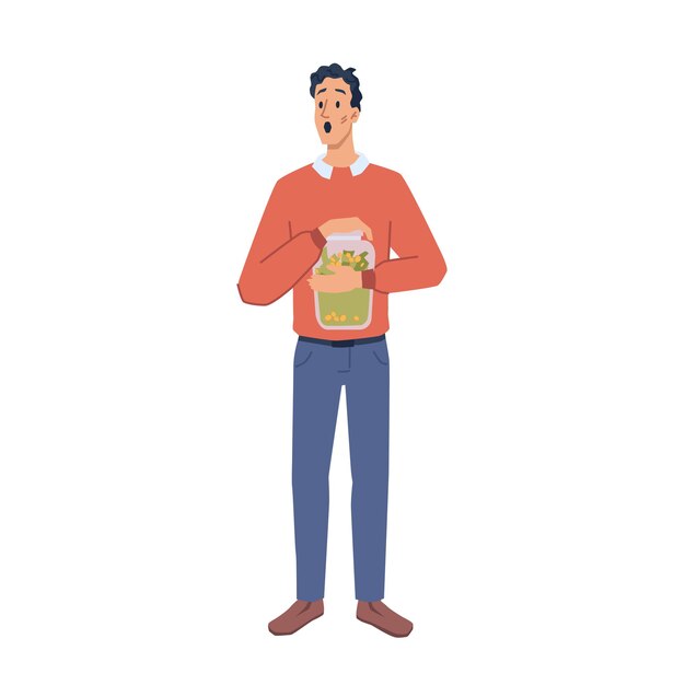 man hold savings in glass jar cartoon character