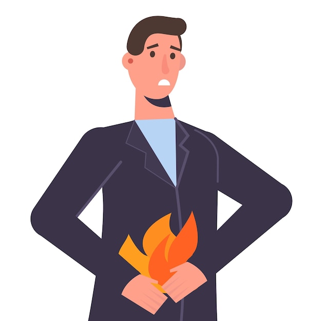 Vector man holding abdomen. heartburn and stomach problems concept.  vector illustration.