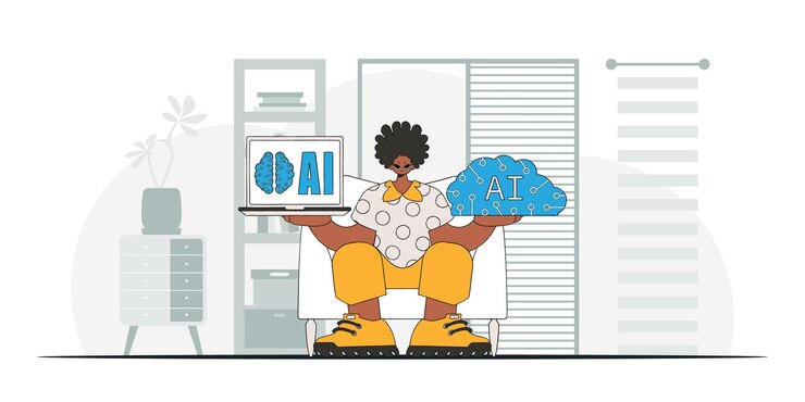 Vector man holding ai brain in fashionable style, vectored illustration.