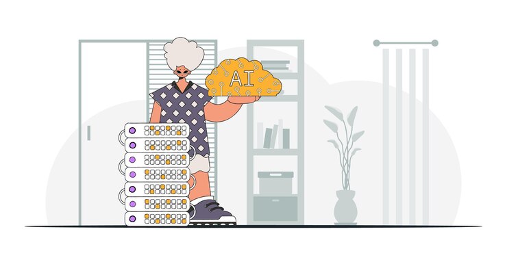 Vector man holding ai brain in trendy style, vector illustration.