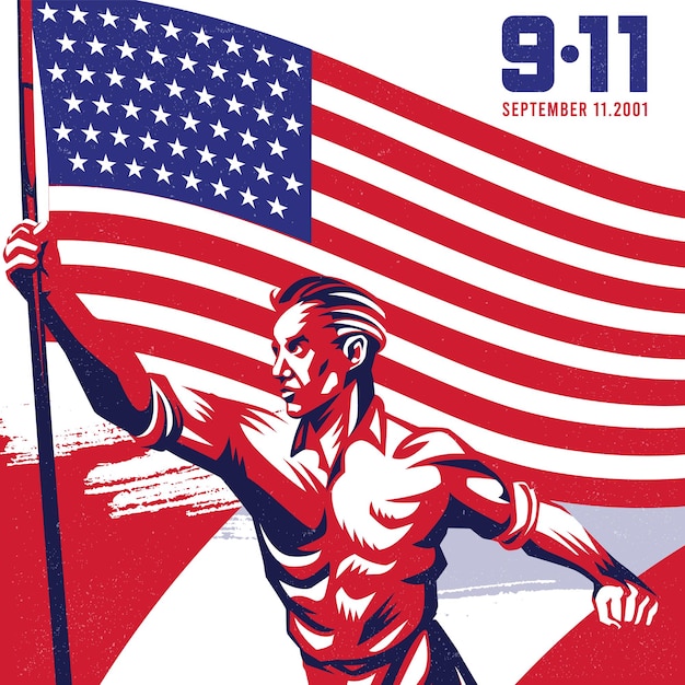 Uomo che tiene un'illustrazione del fondo del giorno del patriota della bandiera americana 911