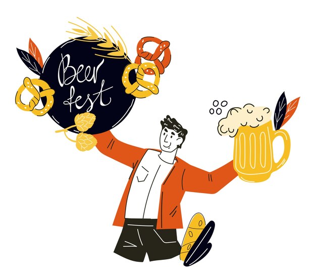 Vector man holding beer festival emblem and beer mug doodle vector illustration isolated