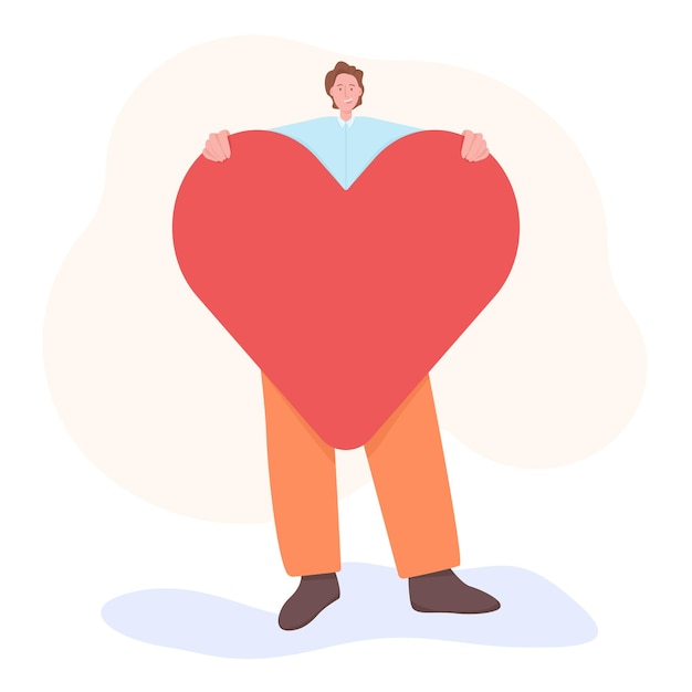 Man holding big heart valentine's day flat concept vector modern cartoon illustration