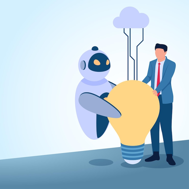 Vector a man holding a big idea bulb along with a robot connected to the cloud network a metaphorical illustration for the integration of artificial intelligence unification and the digital future