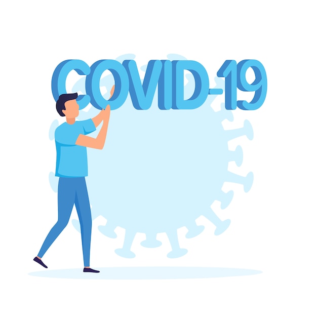 큰 텍스트 Covid-19를 들고 남자입니다. 바이러스 전염병, 글로벌 유행성 개념. 현대 블루 색상 평면 그림입니다.