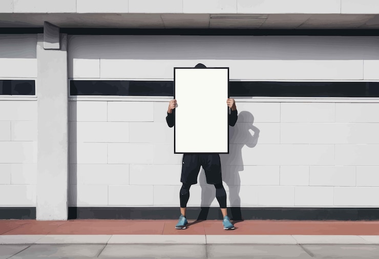 Vector man holding blank posterman holding blank posterman standing in front of empty blank billboard mock