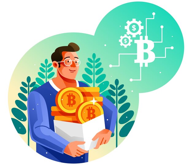 Vector a man holding a box of bitcoin coins