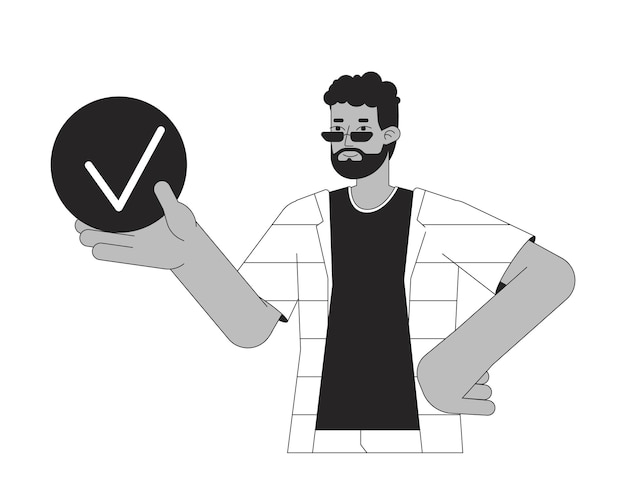 Man holding bullet point with tick bw concept vector spot illustration Completed task 2D cartoon flat line monochromatic character for web UI design Productivity editable isolated outline hero image