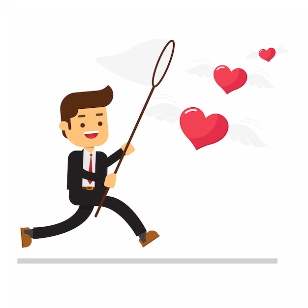 Premium Vector  Man holding a butterfly net trying to catch heart