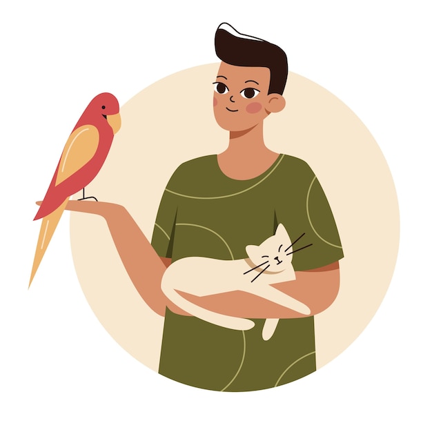 Вектор Мужчина держит на руках кошку и птицу концепция любви к домашним животным элемент дизайна
