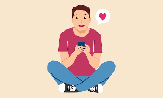 Vector man holding cellphone using mobile dating application