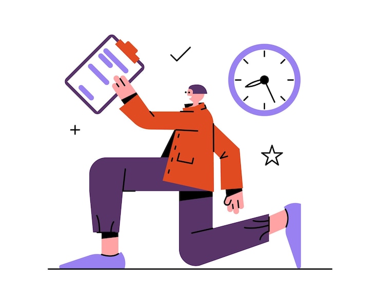Vector man holding clipboard and doing job on time time management efficiency productivity and efficiency in business process of managing working time vector flat illustration in purple colors