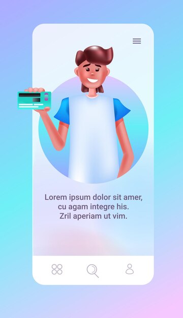 Man holding credit card male cartoon character on smartphone screen online shopping concept