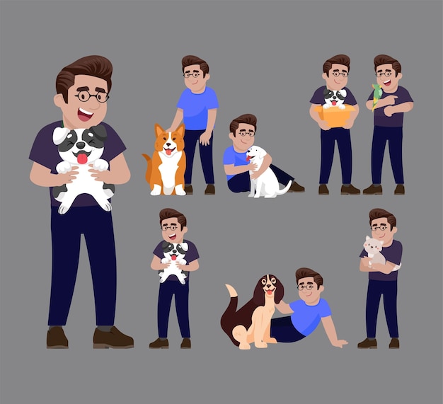 Vector a man holding a dog and a cat with a dog on his chest