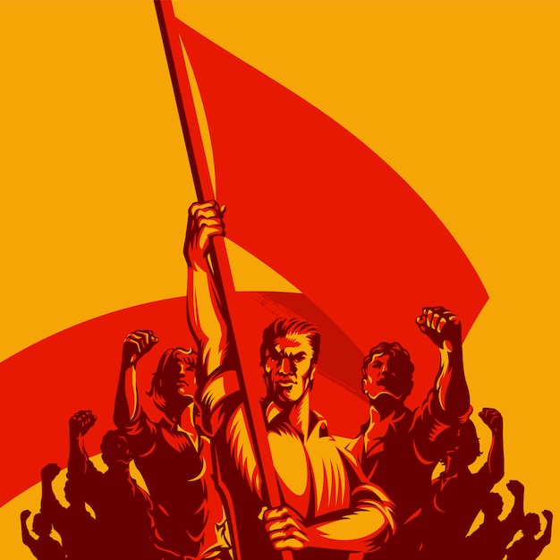 Man Holding Flag In Front Large Crowd Of People Illustration