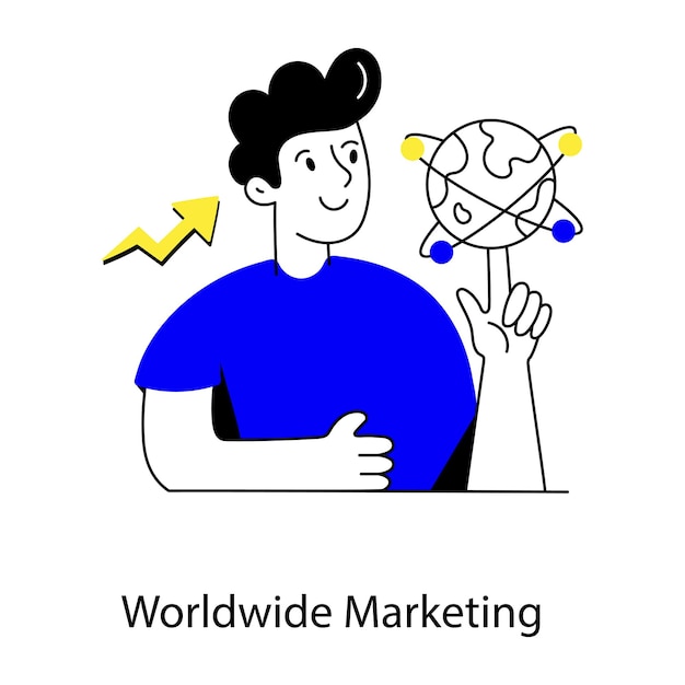 Vettore un uomo in possesso di un globo con le parole marketing mondiale su di esso