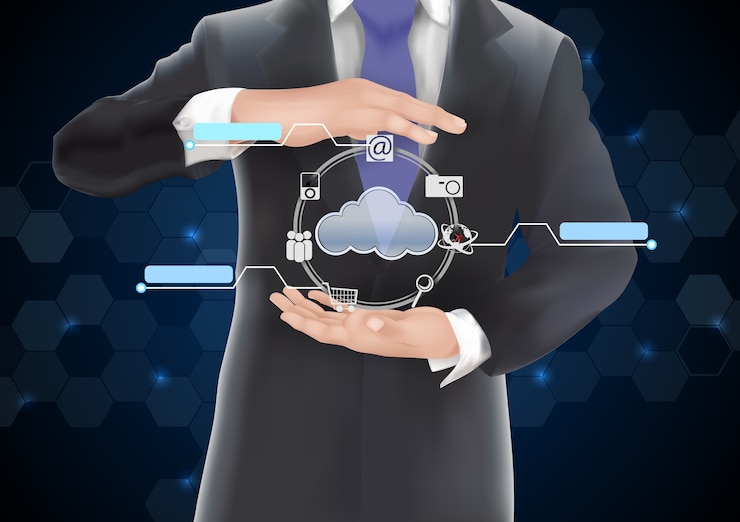 Vector man holding glowing globe of cloud