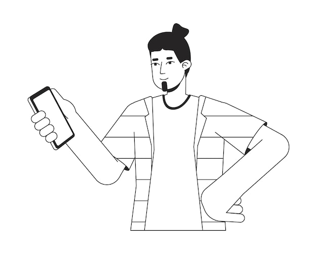 Мужчина держит руку на талии плоской линии черно-белый векторный персонаж Редактируемый контур половины тела человека Глядя на экран смартфона простой мультфильм изолированное пятно иллюстрация для веб-графического дизайна