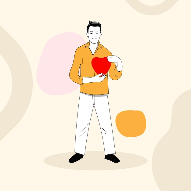 심장의 날과 발렌타인 데이를 위해 손 벡터 문자 삽화에 심장을 들고 있는 남자
