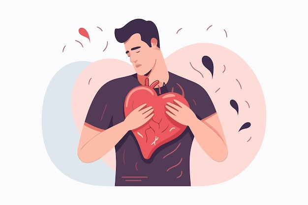 Vector man holding on to his heart during a heart attack vector illustration depicting cardiovascular disease and healthcare