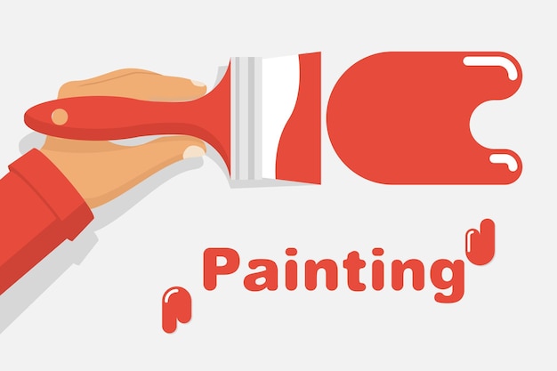 手に持っている男絵筆白い壁に赤い絵の具を描くテキスト用の空白のスペース広告バナーデザインテンプレートペイントサービスリノベーションコンセプトベクトルイラストフラットスタイル