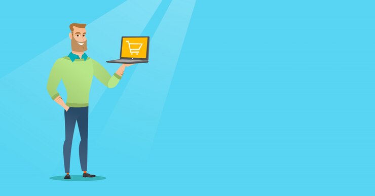 Vector man holding laptop with trolley on a screen.
