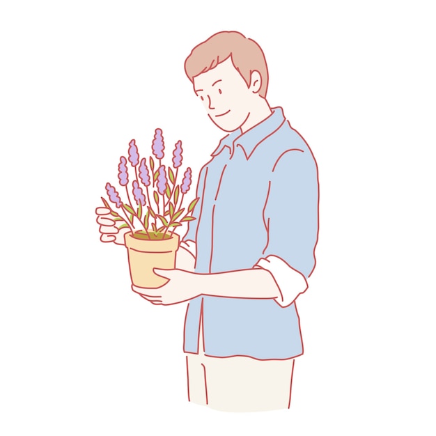 Man holding lavender plant in line style