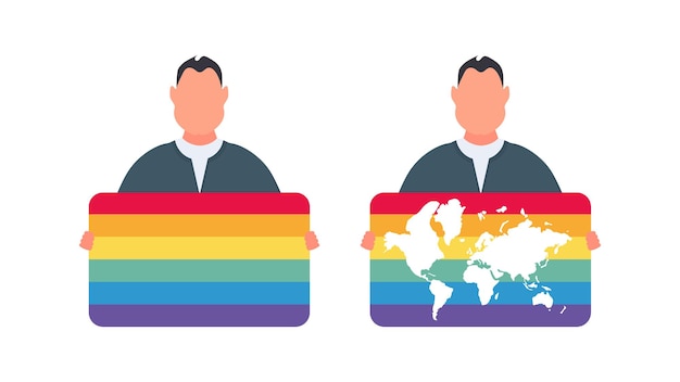 A man holding an LGBT flag. The guy is holding a banner with LGBT color. Vector.