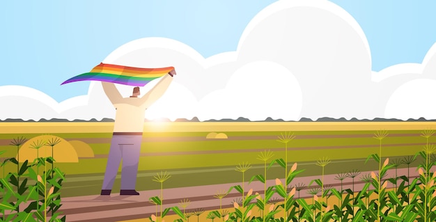 lgbt 무지개 깃발을 들고 남자 게이 레즈비언 사랑 퍼레이드 프라이드 축제 트랜스 젠더 사랑 개념 풍경 배경 가로 전체 길이 벡터 일러스트 레이 션