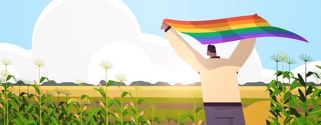 벡터 lgbt 무지개 깃발을 들고 남자 게이 레즈비언 사랑 퍼레이드 프라이드 축제 트랜스 젠더 사랑 개념 풍경 배경 가로 세로 벡터 일러스트 레이 션