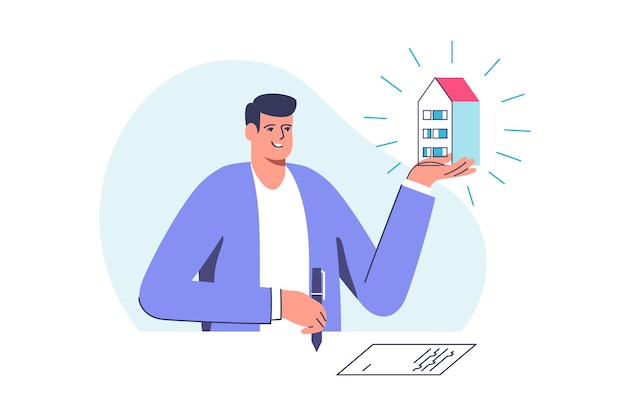 Vector man holding little house and agreement in hands concept of business in real estate mortgage rent