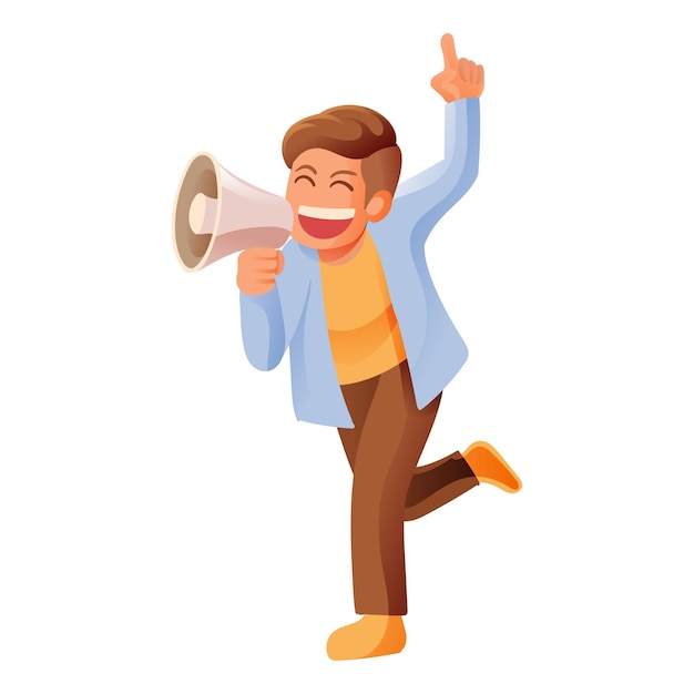 Человек с мегафоном в руках кричит Объявление Изолированная иллюстрация Концепция