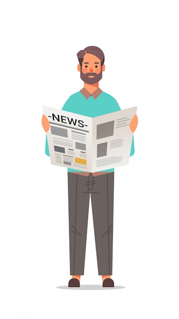 Vector man holding newspaper reading daily news press mass media concept full length vertical