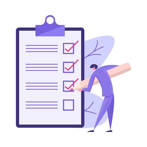 A man holding a pencil signs a checklist cartoon graphics vector illustration