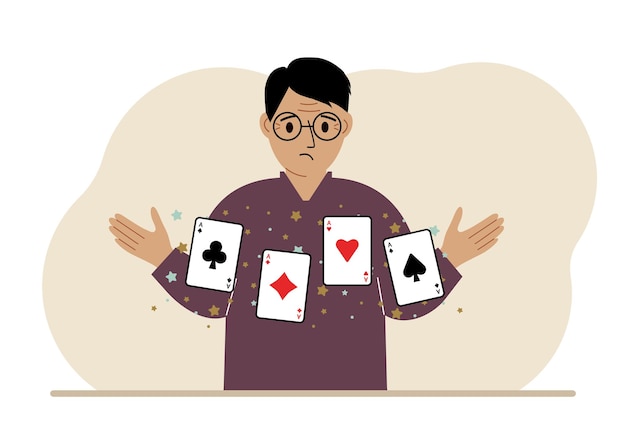 Vector man holding playing cards cards playing combination of 4 aces or four of a kind