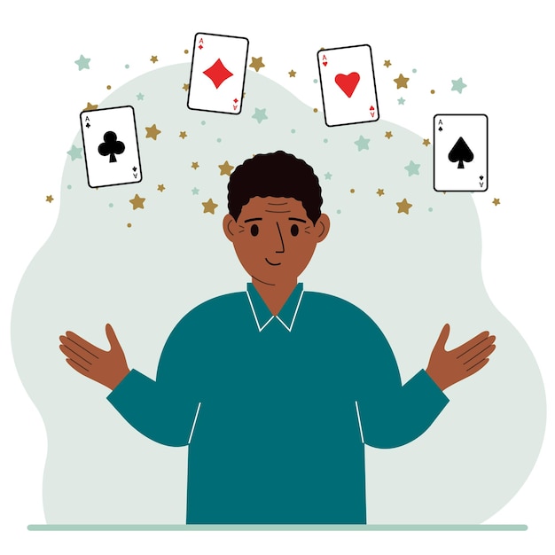 Человек с игральными картами Играет в комбинацию из 4 тузов или четырех одинаковых