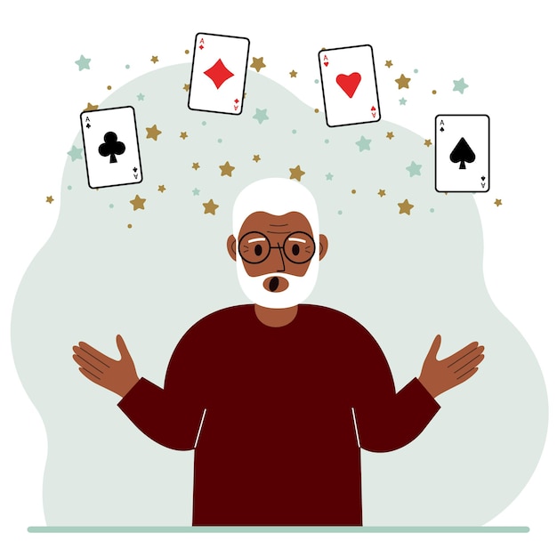 Vector man holding playing cards cards playing combination of 4 aces or four of a kind