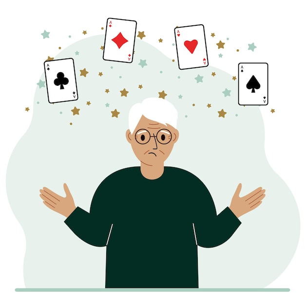 Vector man holding playing cards cards playing combination of 4 aces or four of a kind