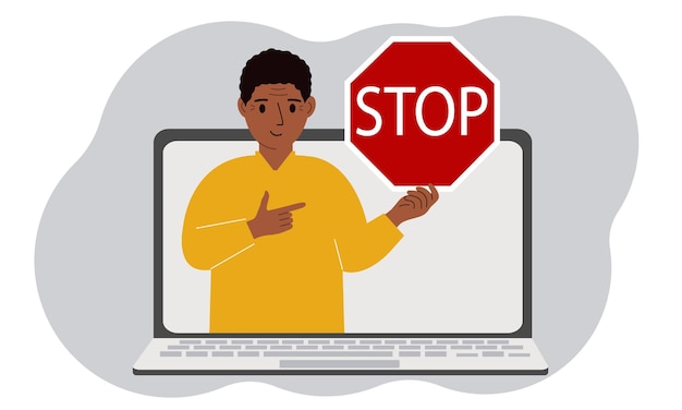 Vettore un uomo che tiene un cartello di arresto rosso sullo schermo di un portatile attacco virus account di errore o cancellazione di pagina