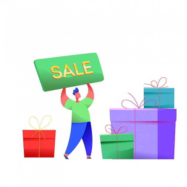  man holding sale poster above head near present boxes pile. E-commerce discounts, sales and clearance symbol.