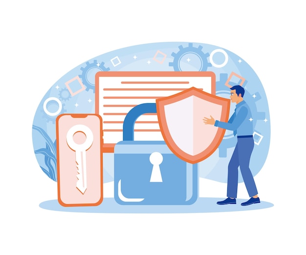 Man holding shield Control electronic data security systems Cyber security concept Flat vector illustration