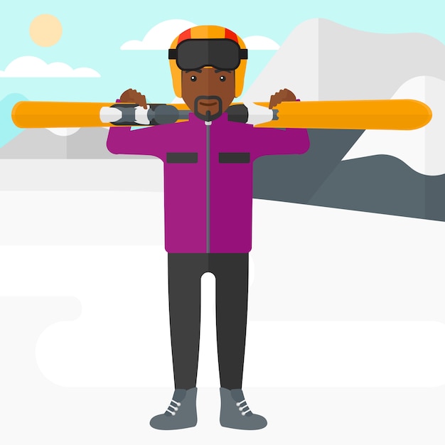 Vector man holding skis
