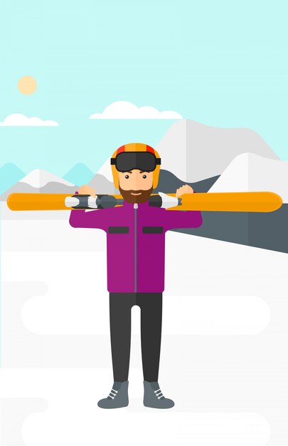 Man holding skis