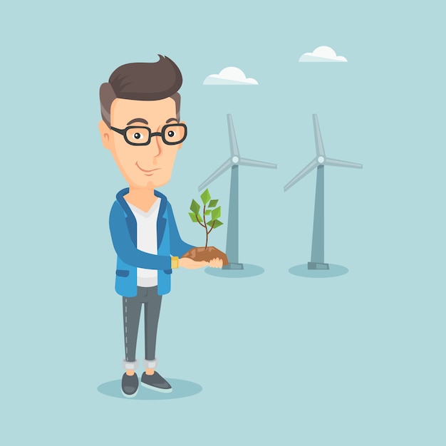 Man holding small plant vector illustration.