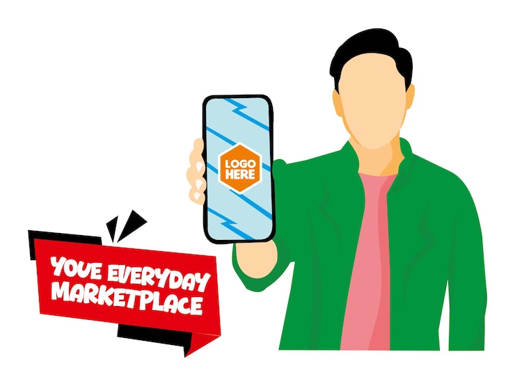Vector man holding smartphone promoting an online marketplace flat illustration promotion marketplace