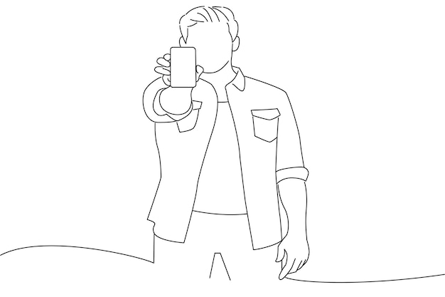 Man holding smartphone showing gadget to camera outline drawing style art